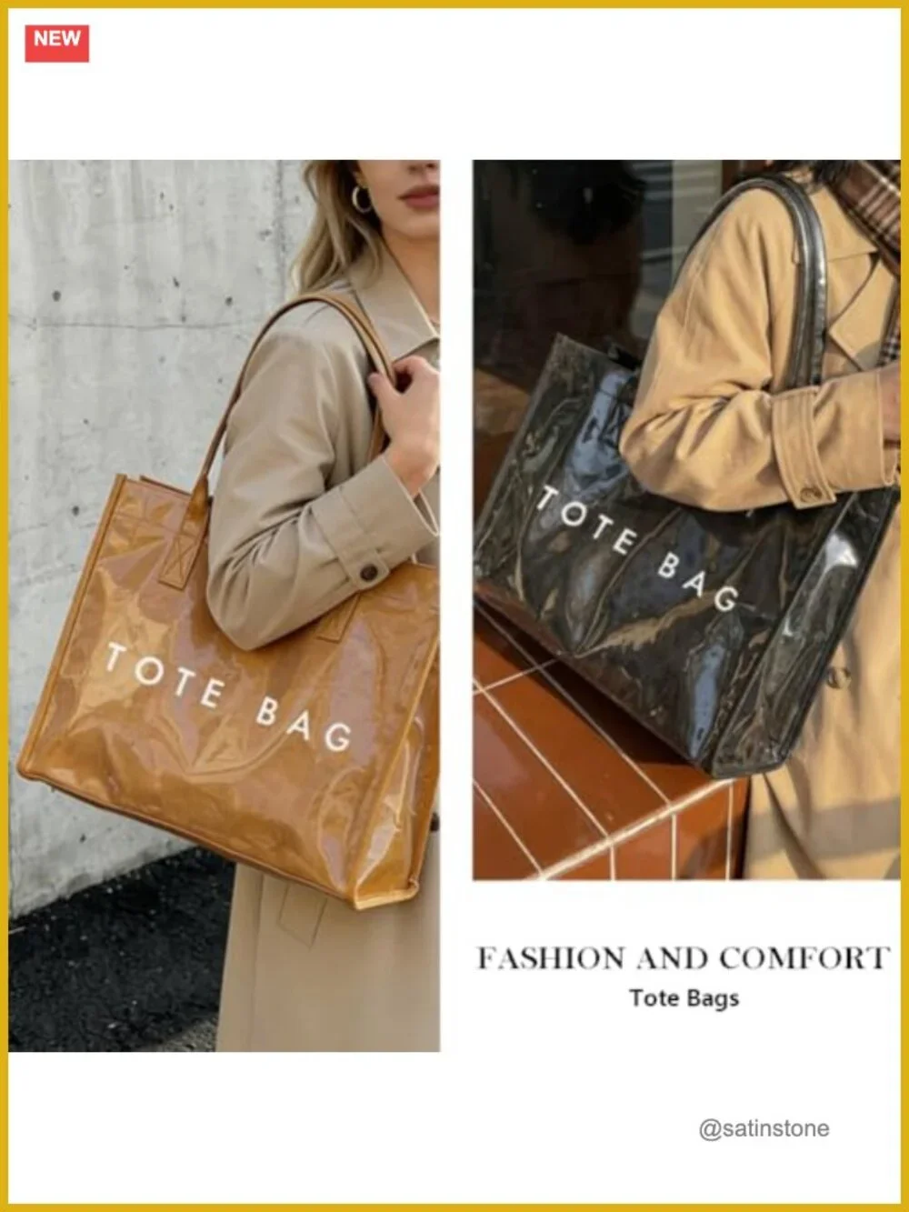 PVC Tote Bag for Women, Large Work Plastic Purse, Letter Print Shoulder Bag,